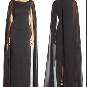 Adrianna Papell Crepe Satin Chiffon Cap Sleeve Long Black Gown Women 10 Formal